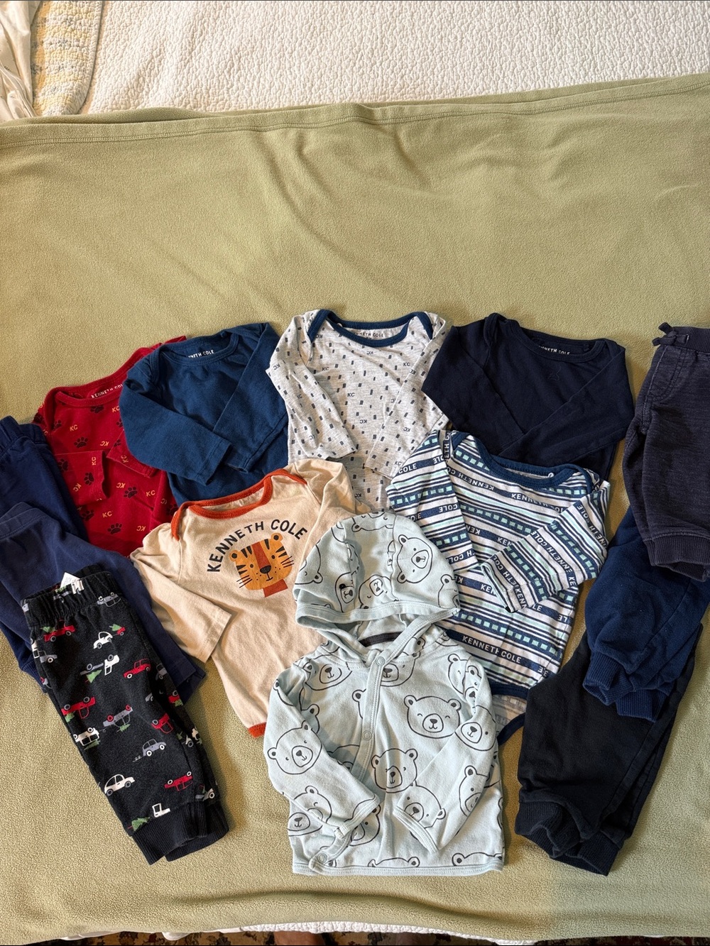 Bundle of  boys Carters and Kenneth Cole onesies, pants and hoodie 13 pcs.